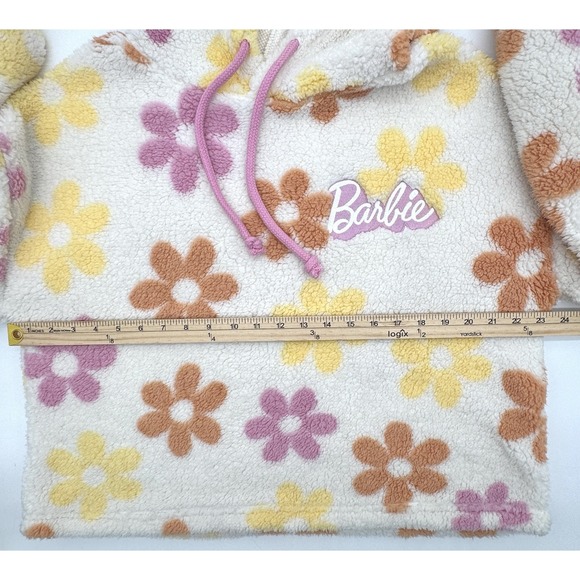 Barbie Fleece Hoodie Pink Orange Flowers Embroidered Logo Girlhood Mattel Sz L - Picture 8 of 9